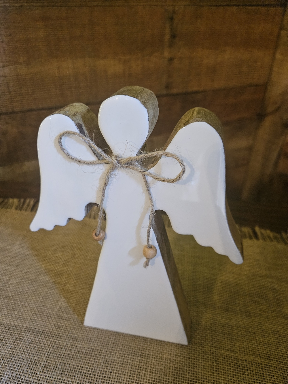 Rustic White Wooden Angel Figurine with Twine Bow